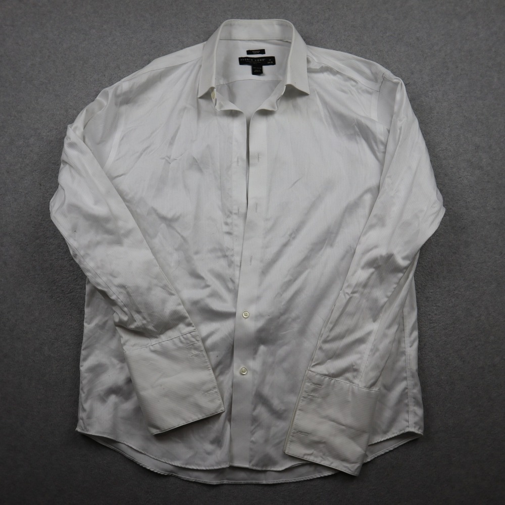 Pronto Uomo Dress Shirt Mens 17 34/35 Slim Fit White Dobby Stripe French Cuff